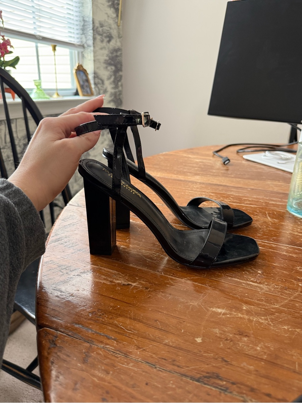 Fashion Nova Black Patent Block Heel Ankle-Strap Sandals